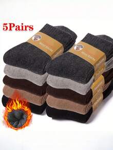 2 Pares/5 Pares de Meias Grossas de Camurça Até o Meio da Panturrilha para Homens - Aquecimento de Inverno, Cores Sólidas (Preto, Marrom, Cinza, Bege), Tecido Tricotado, Lavar à Mão ou Limpar a Seco, Roupa de Inverno Confortável | Design de Meias Minimalista | Meias Tricotadas Mistas