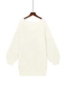 Women's V-Neck Fashionable & Elegant Solid Color Knitted Slit Long Sleeve Dress, Casual Everyday Wear