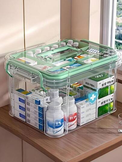 Large-Capacity Multi-Tier Medicine Organizer With Handle And Lid Transparent Household Medicine Cabinet - Complete Emergency Medical Storage Set Plastic Home Medicine Kit - Portable Pill Storage Box For Home, Office, Or Dorm Use