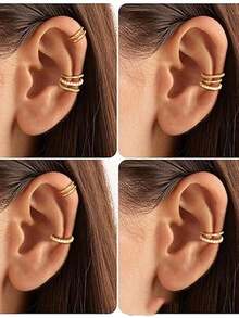 4-Piece Non-Pierced C-Shaped Ear Bone Clips - Suitable For Female Non-Pierced Ear Holes, Adjustable Clip-Type Cartilage Earrings SAOV - Gold - View 3