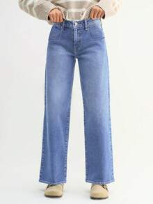 Y2K Straight Leg Baggy Jeans Women, Mid Rise Stretchy Loose Fit Casual Denim Pants Vintage Distressed  Pockets - 淺藍色 - 查看 2