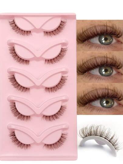 Rikuaild 5 pares de pestañas marrones esponjosas y naturales con banda transparente, pestañas postizas de volumen, herramientas de maquillaje de ojos, regalos de lujo para viajes y playa, pestañas portátiles