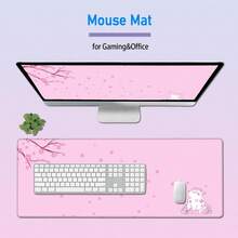 Pink Cherry Blossom Cat Mouse Pad,Large Cute Desk Mat,Kawaii Gaming Office Mousepad For Girls Women,Japanese Sakura Floral Aesthetic Rubber Base Mouse Keyboard Mat,31.5x12in - 80*30*0.2 - 查看 6