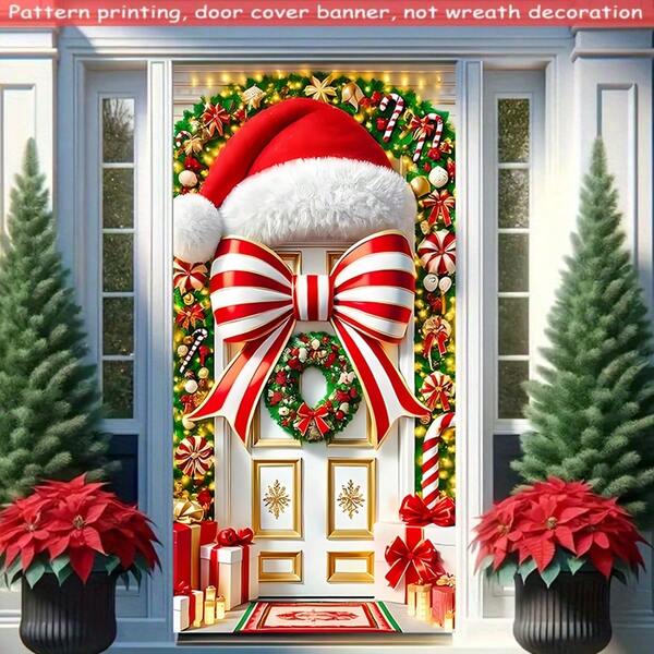 1 pieza Cubierta de puerta de poliéster festiva, Patrón grande de sombrero y lazo de Navidad, Dosel decorativo de puerta de Navidad, 90 cm x 180 cm para uso interior y exterior, sin batería, decoración de jardín y césped