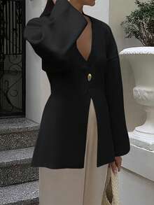 PoPoHouse Women's Top Suitable For Valentine's Day Wear Daily Commuting To Work And Office Deep V-Half Open Solid Color Long Sleeved Slim Design Warm And Comfortable, Soft Ribbed Elegant And Fashionable Sweater, Spring Clothing - Black - View 3