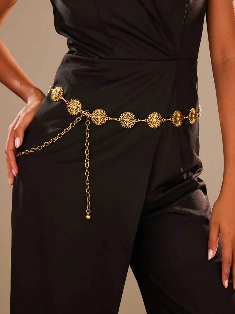 Corrente de Cintura Versátil de Mulher em Padrão Retrô de Girassol, Cinto de Vestido de Moda Feminina, Joia Corporal, Adequado para Primavera, Verão, Outono e Casamento de Inverno, Corrente de Cintura Feminina Ajustável - ouro antigo - Visão 1