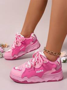 Women's Lace Up Shoes, Round Toe Thick Soled Shoes, European And American Style Sports Shoes, Fashionable Sports Shoes, Color Matching Sports Shoes, Metal Thick Soled Sports Shoes, Women's Sports Shoes, Lace Up Sports Shoes - 玫瑰紅 - 查看 16