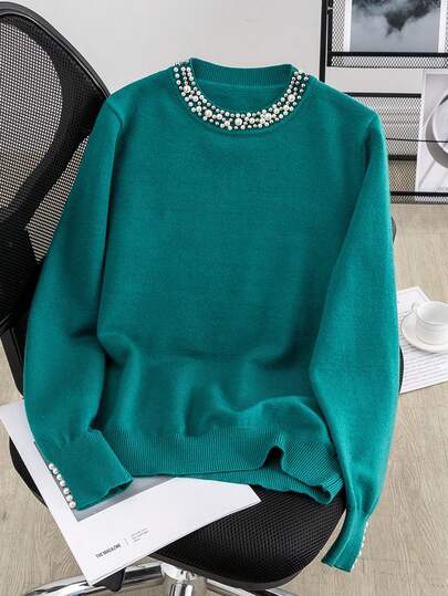 GIGOGOU Fashion Beading Women Autumn Winter Warm Sweater Casual Basic Long Sleeves Knit Top Fall Clothes Chic