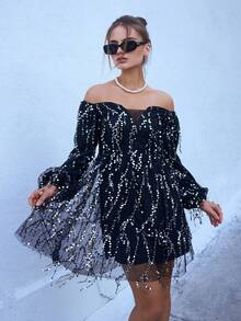 Joyfunear Women's Fringe & Sequin Embellished Off Shoulder Long Sleeve Dress, Suitable For Spring, Summer, Autumn, Winter - Black - View 6