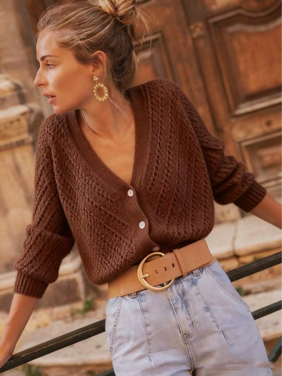 Solid Color Cardigan Long Sleeve Knit Top Sweater Jacket, Autumn/Winter - Brown - View 1