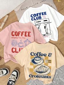 3件套夏季新款简约摩卡咖啡茶杯卡通设计印花休闲圆领短袖T恤，时尚百搭女式上衣 - 杏色和粉紅色和白色 - 查看 13