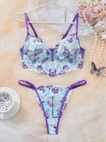 Women's Floral Embroidery Mesh Sexy Lingerie Set - Multicolor - View 2