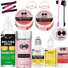 Goiple 14pcs Melting Spray Kit Lace Melting Spray For GlueLess Wigs, Waterproof Lace Glue Extra Hold For Lace Front, Adhesive Remover, Hair Wax Stick Strong Hold Edge Control Gel With Edge Brush, Elastic Hair Band, HD Wig Caps - 14件 - 查看 1