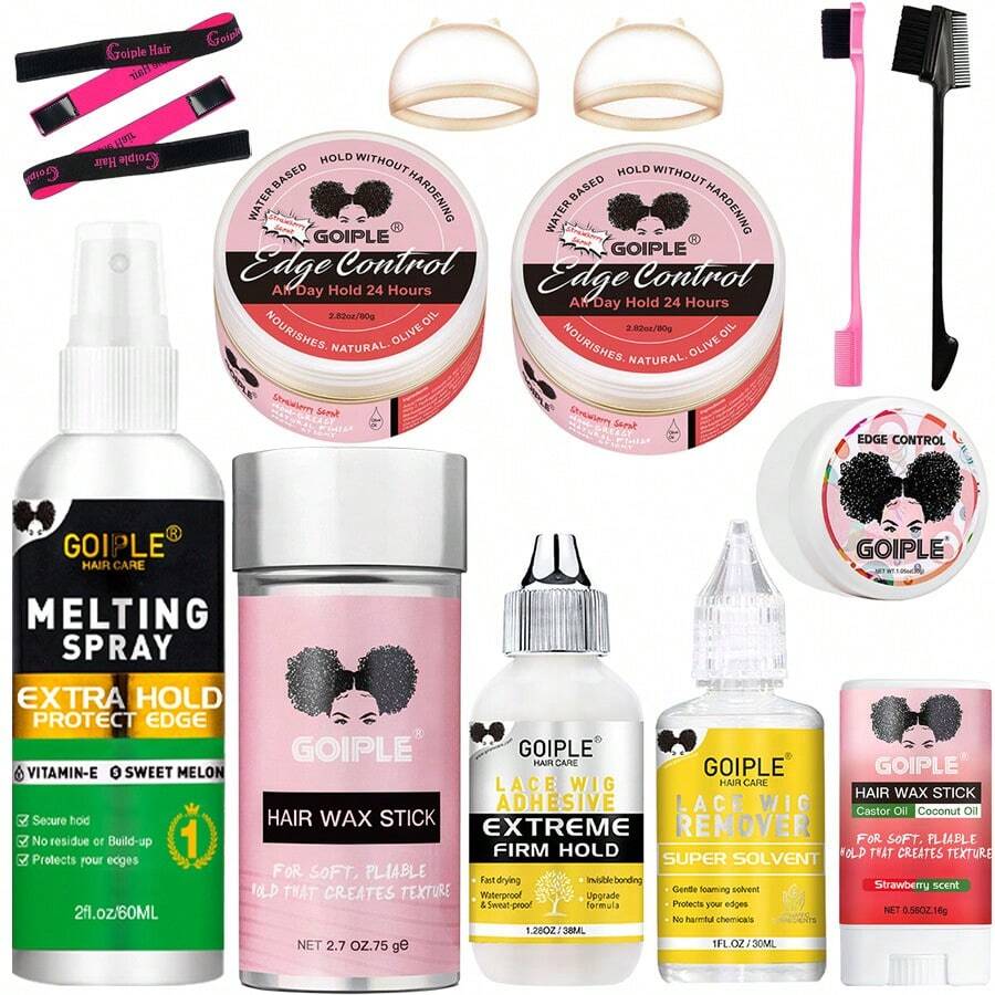 Goiple 14pcs Melting Spray Kit Lace Melting Spray For GlueLess Wigs, Waterproof Lace Glue Extra Hold For Lace Front, Adhesive Remover, Hair Wax Stick Strong Hold Edge Control Gel With Edge Brush, Elastic Hair Band, HD Wig Caps - 14件 - 查看 1