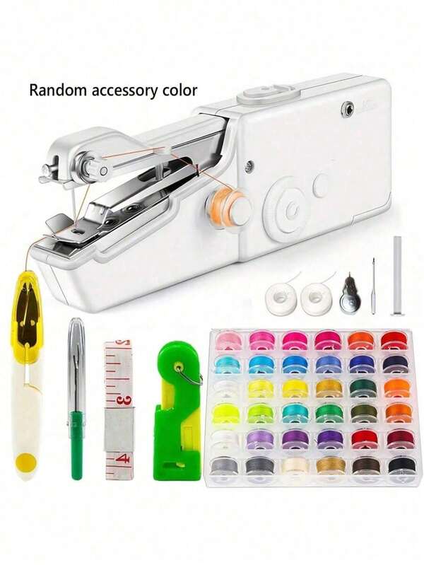Portable Handheld Sewing Machine - Quick Stitching Mini Sewing Tool, White/Black, Compact Design, With Adjustable Tension Knob And Pressing Foot, Clothing Adjustment | Handheld Sewing Device | Multi Functional Sewing Tool, Suitable For DIY Fabric Repair For Travel And Home, Easy For Beginners To Use, Random Color Accessories