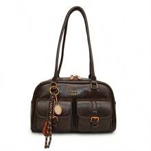 Large Brown & Coffee PU Handbag – Vintage Bowler Style Shoulder & Top Handle Bag For Office & Day Out - Coffee Brown - View 6