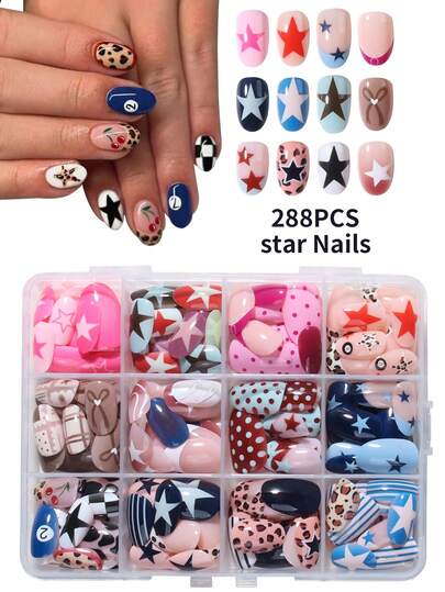 288pcs (12 Mixed Colors) 8-Ball Short Oval Acrylic Nails, Leopard Print, Polka Dot, Stripe, Cherry And Star Patterns, French Manicure Press-On Nail Set, Suitable For Parties, Dancing And Daily Use Nail Supplies