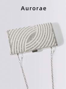 1 geantă de mână cu sclipici argintiu și strasuri, geantă de mână elegantă și elegantă pentru petreceri formale, cu lanț metalic, potrivită pentru rochii de seară, bal, evenimente formale