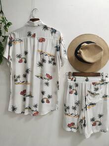 Set Of Men's Shirts And Shorts With Hawaiian Print, Summer Beach Short Sleeves, Viscose With Elastane, Shrinks A Little - 綠色 - 查看 2