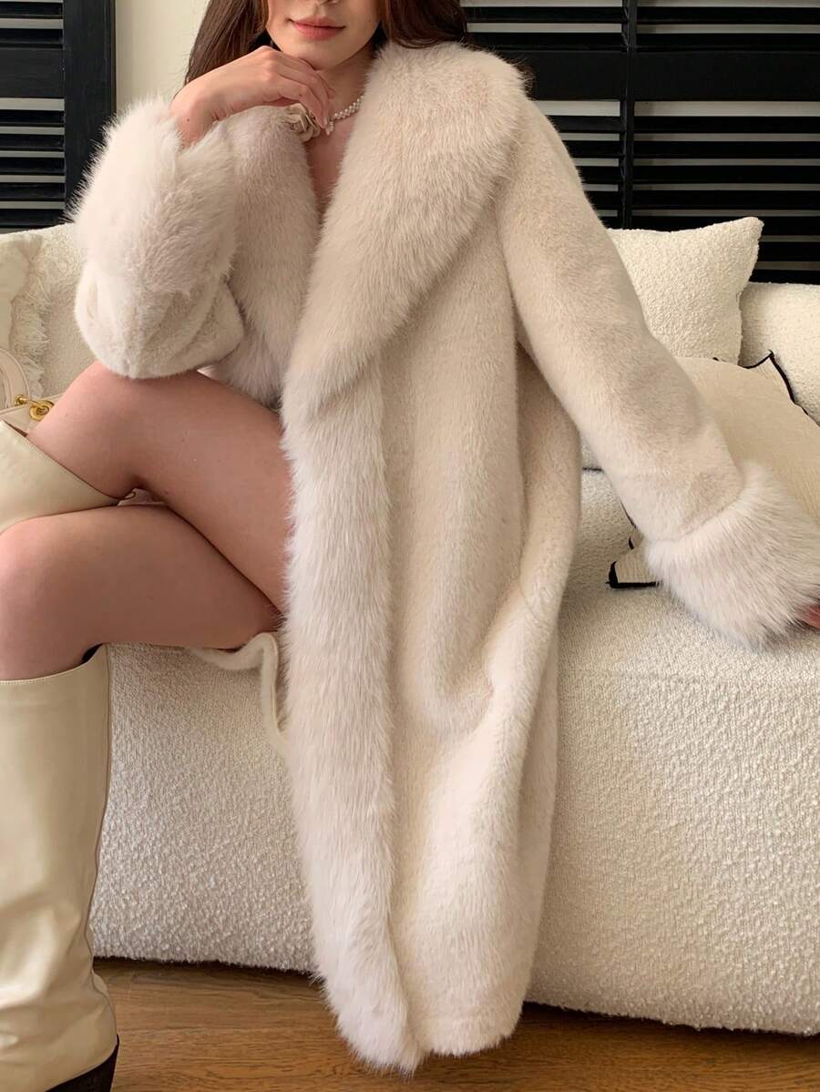 女士优雅仿毛领夹克，冬季 - 白色 - 查看 1