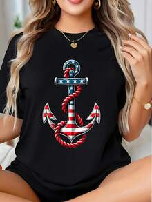 Nautical Anchor American Flag Design Graphic Shirt For Women Summer Casual Wear Patriotic Beach Outfit Independence Day Celebration Top, 220g - màu đen - Xem 1