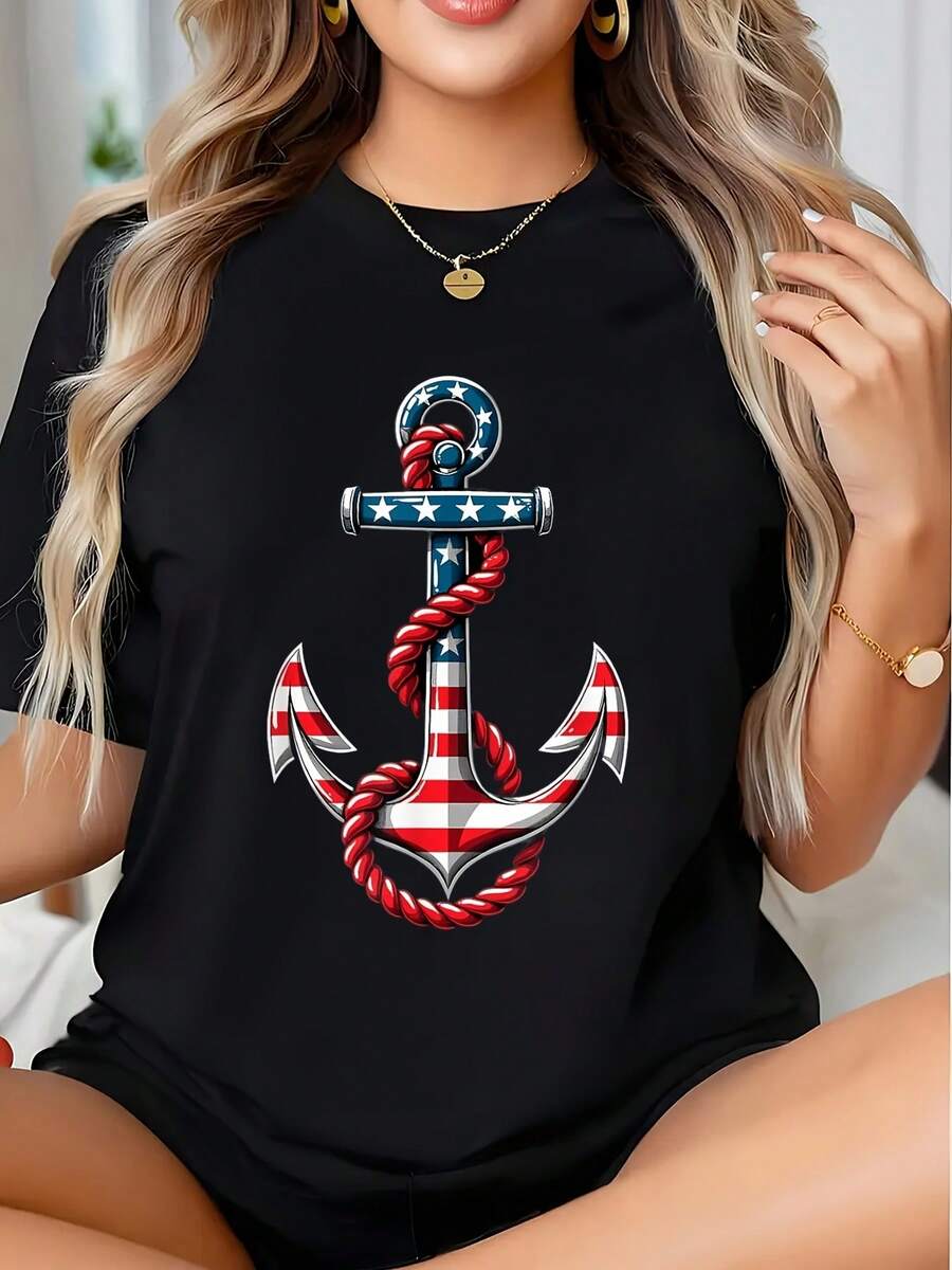 Nautical Anchor American Flag Design Graphic Shirt For Women Summer Casual Wear Patriotic Beach Outfit Independence Day Celebration Top, 220g - màu đen - Xem 1