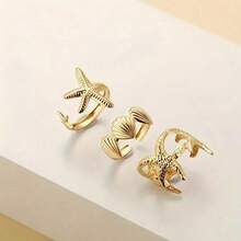Women's Ocean-Inspired Metal Ring Set - Golden Seashell, 3pcs Ring Starfish, And Conch Designs For Vacation And Casual Attire, Perfect For Beach Vacation WearVacation Accessories|Natural Motif|Golden Finish - 金黃色 - 查看 3