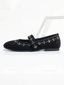 Women's Round Toe Ballet Flats, Elegant Minimalist Fashion Design With Rhinestone Flower Decor, Retro Mary Jane Slip-On Style, Fashionable And Comfortable For Daily Wear, Suitable For Christmas, New Year, Autumn/Winter Weddings, And Outdoor Vacations