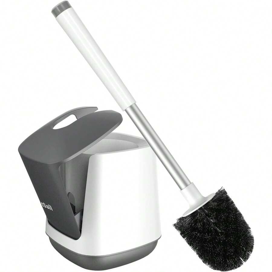 Toilet Brush And Holder 2 Pack, Self Closing Lid Toilet Bowl Brushes Holder And Extra Long Handle Ventilated Toilet Brush Set For Bathroom Cleaning, Nylon Bristles, White & Grey - 白色和灰色 - 查看 1