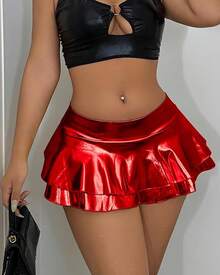 Women's Metallic PU Leather Mini Skirt - Ultra Short High Waisted Stretchy Clubwear Sexy Party Outfit - 紅色 - 查看 3