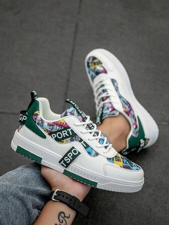 (Fällt klein aus) Herren Nische Patchwork Kontrast Farbe Schnürung Flache Lässig Sneaker, vielseitiger zufälliger Muster bequeme Straßen Paar Flache Schuhe