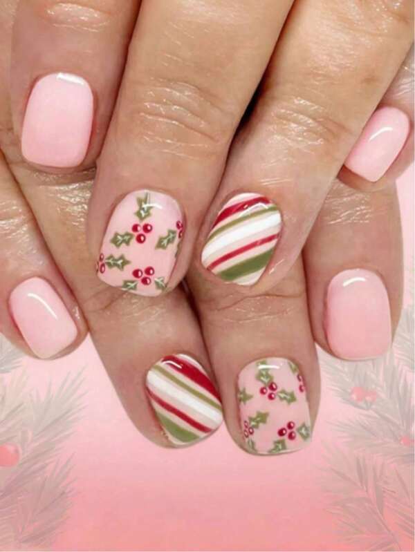 24pcs Short European Square Fake Nails, Christmas Short Glossy Square Nail Pink Asymmetrical Striped Christmas Tree Wearing Nails, Full Coverage Detachable Nail Set, Suitable For Parties, Proms, And Everyday Wear.