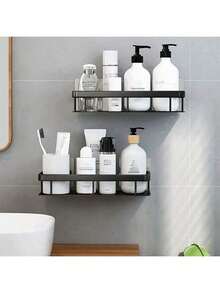 No Drill Large Capacity Wall Mount Rack - Space Saving Easy Install Organizer Shelf For Bathroom & Kitchen, Plastic Storage Cabinet For Toiletries & Cosmetics, Includes Plastic & Aluminum Alloy Models, Black, White, With Adhesive Hooks Bathroom Accessories Bathroom Tools