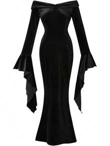 HalloweenMorticia Addams Costume Women Morticia Halloween Dress Long Sleeve Off Shoulder Maxi 1950s Dress2025 - 黑色 - 查看 4
