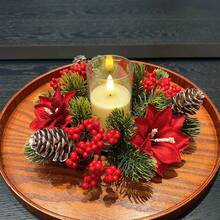 1pc Artificial Flower Candle Holder Wreath, Rustic Pinecone & Berry DIY Floral Wreath, Home Decor Tabletop Centerpiece, Suitable For Christmas, Thanksgiving, Winter Holidays - Multicolor - View 9