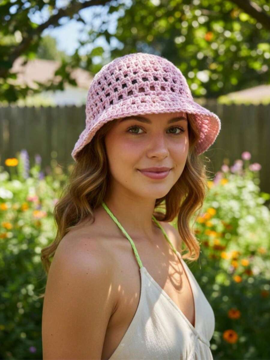 Handmade Crochet Beach Hat Cotton Summer Bucket Hat Headpiece - 淺粉色 - 查看 1