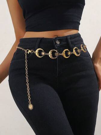 新款时尚金属新月多层可调节腰链，适合女性，百搭身体链