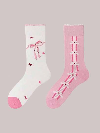1 Coppia Di Calzini Alla Caviglia Da Donna Con Fiocco, Motivo Rosa E Bianco, Comodi Per Uso Quotidiano, Sport E Feste In Primavera, Estate E Autunno, Versatili E Casual Per Pendolarismo Quotidiano O Appuntamenti, Look Femminile, Da Indossare Tutti I Giorni Con Stile