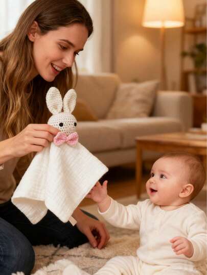 1pc Baby Hand-Knitted Plush Doll Comforter Blanket, Soft Towel Handkerchief, Chewable Knitted Doll, & Hygienic, Cute & Personalized, Baby Gift & Companion