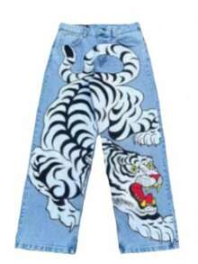 Men's Straight Trousers Hip-Hop Jeans HIPHOP Hip-Hop Graffiti White Tiger Print Loose Wide Legs - Màu xanh da trời - Xem 2