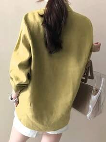 女士纯色长袖单排扣休闲口袋衬衫，适合居家和日常穿着 - 黃色 - 查看 3