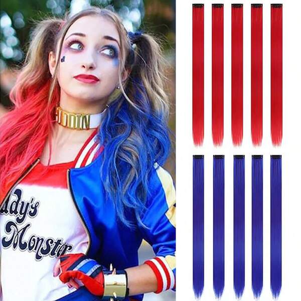 5 Stücke farbige Clip-In Haarverlängerungen 50 cm lang, gerade Haarverlängerungen zum Einklipsen, synthetisch, für Halloween Kostümfest, Modeparty, Weihnachten, Karneval, Musikfestival, Neujahrsgeschenk für Frauen und Mädchen (ROT)