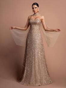 Faeriesty Bộ đầm hai mảnh đính sequin thanh lịch - Thiết kế không dây vai và không tay, với khăn choàng voan mỏng ở phía sau, kết hợp với chân váy dài thướt tha chạm sàn - Hoàn hảo cho các buổi dạ tiệc trang trọng, đám cưới, lễ trao giải và các sự kiện thảm đỏ. - Rượu sâm banh - Xem 8