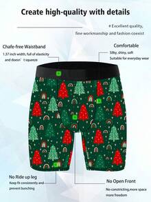Naughty And Cute Home Leisure Men's Long Boxer Briefs, Milk Silk Knitted Fabric, Soft And Skin-Friendly, Quick-Drying And Breathable, Christmas Tree Pattern Print, Christmas Gift, 1 Pack Men's Novelty Shorts
