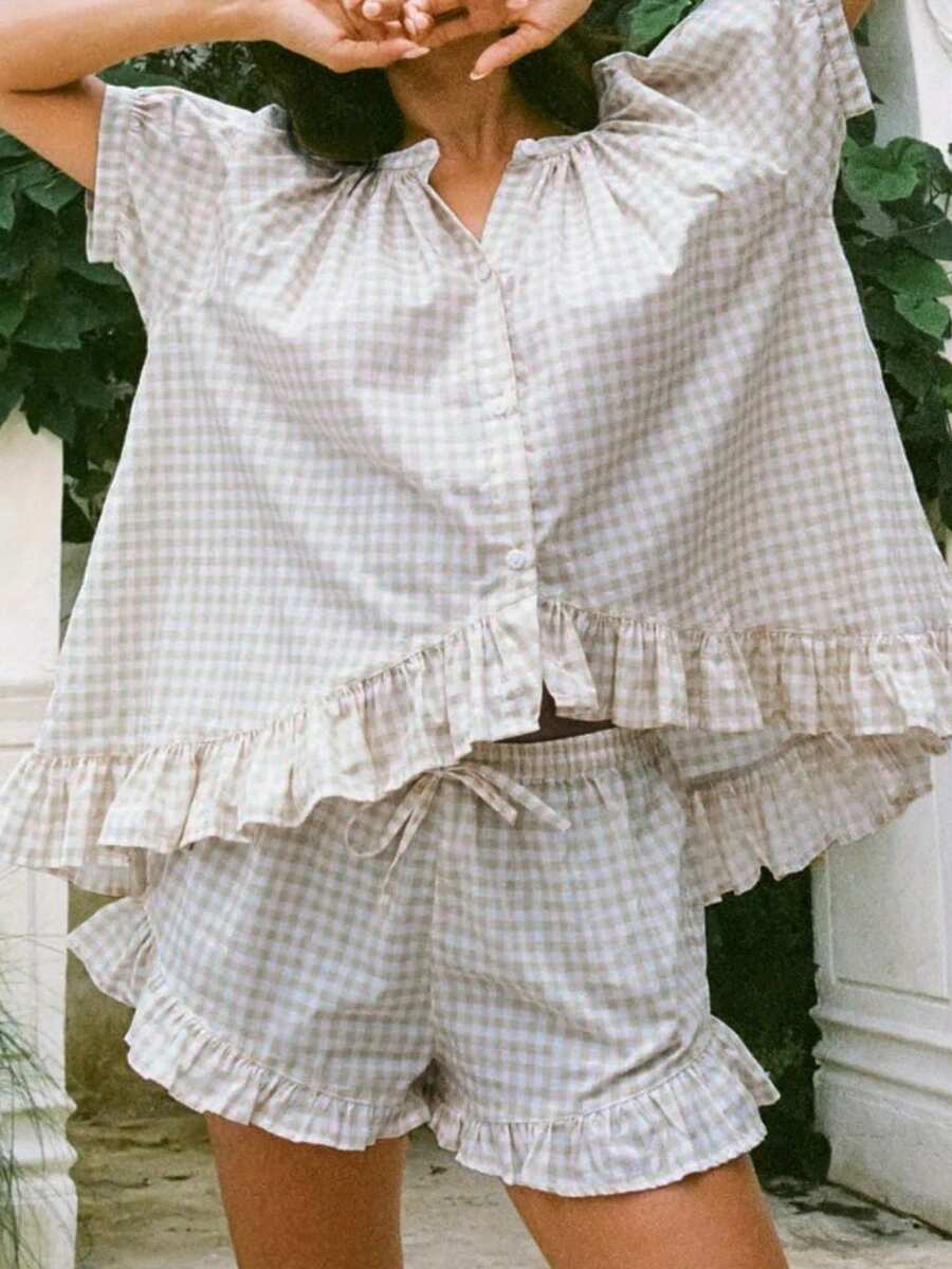 Women's Gingham Short Sleeve Ruffled Top And Elastic Waist Ruffled Shorts Summer Casual Set - Khaki - View 1