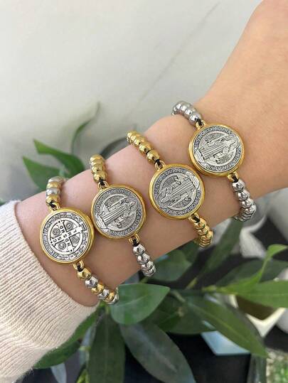 1 Peça Pulseira de Contas de Aço Titânio Redonda com Personagem da Cruz Religiosa Clássica Retrô Criativa de Natal, Presente de Joia para Damas, Irmãs, Casais, Uso Diário, Festa, Feriado, Praia de Verão, Tamanho Ajustável