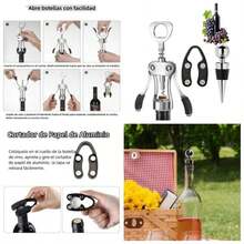 Sacacorchos Multifuncional con Alas, Abridor de Vino 3 EN 1 con Juego de Tapn y Cortador de Aluminio, Sacacorchos de Ala para Todas Las Botellas de Corcho y Tapas de Cerveza - Plata - Ver 1
