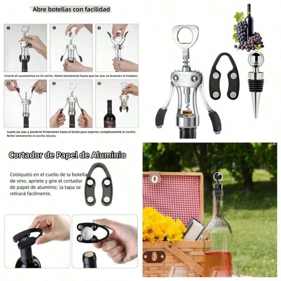 Sacacorchos Multifuncional con Alas, Abridor de Vino 3 EN 1 con Juego de Tapn y Cortador de Aluminio, Sacacorchos de Ala para Todas Las Botellas de Corcho y Tapas de Cerveza - Plata - Ver 1