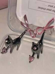 2pcs Black Cat Pink Heart Rhinestone Bow Drop Earrings For Women Sweet Creative Fun Y2k Aesthetics Dangle Earrings 2023 Jewelry - Nhiều màu - Xem 5