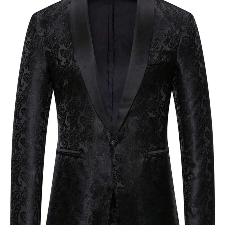 Men'S Formal-Casual Blazer - Black & White Button-Up Jacket, Non-Stretch Fabric For Structured Fit, Office, Party, Everyday - Autumn/Winter Outerwear For Young Men & Teens, Office Attire, Jacquard Pattern, Tailored Design, Stylish Coat, Teen Fashion - 黑色 - 查看 1